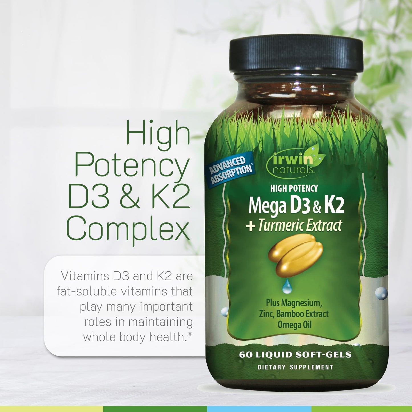Irwin Naturals High Potency Mega D3 & K2 + Turmeric Extract Softgel, 60 Count