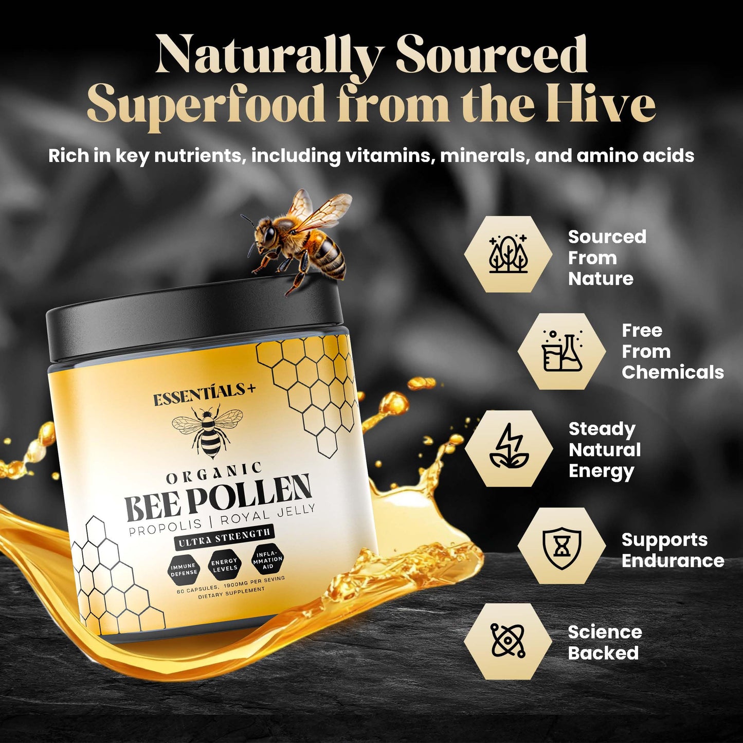 Essentials+ Bee Pollen Propolis & Royal Jelly Capsules, 60 Count