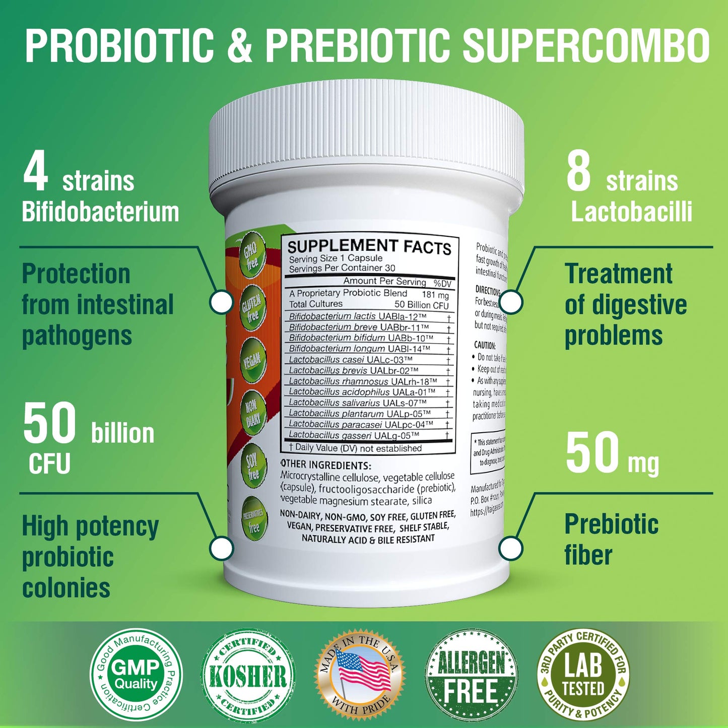 TAIGASEA 50 Billion CFU Prebiotic and Probiotic Supplement for Women and Men, 12 Strains for Daily Immune Support and Digestive Health, 30 Capsules