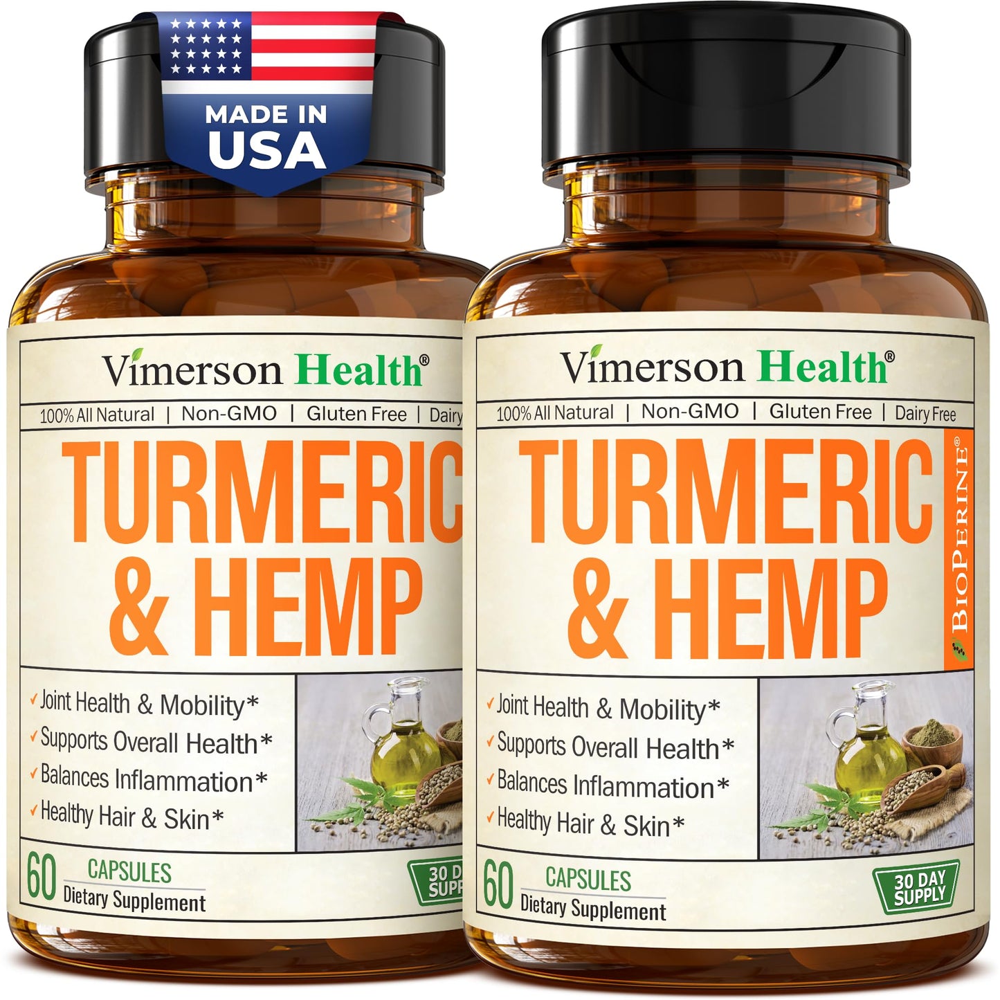 Vimerson Health Turmeric Curcumin Supplement with Hemp Seeds & Lemon Balm Extract – Joint Health & Mobility Capsule, 120 Count