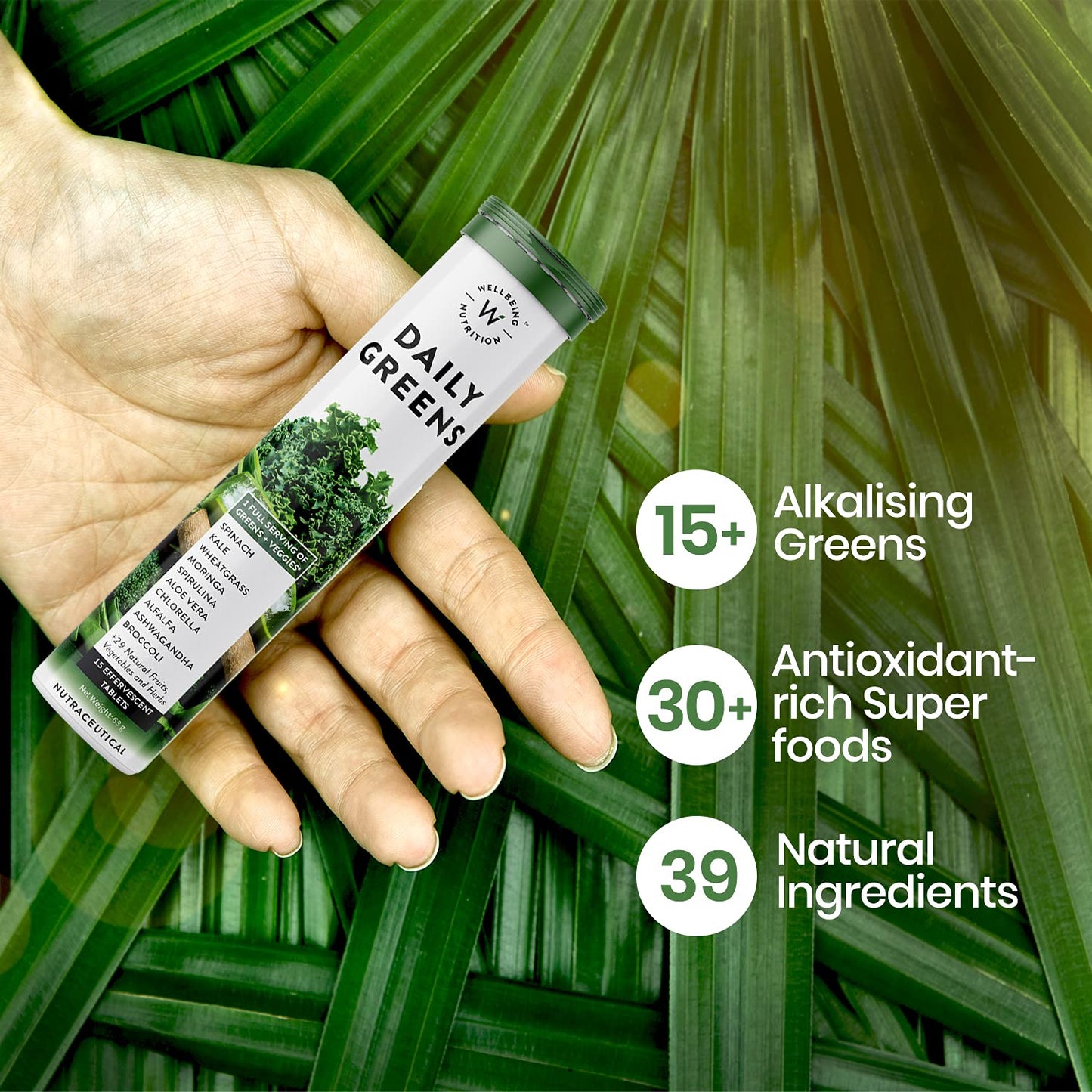WELLBEING NUTRITION Daily Greens Wholefood Multivitamin with Vitamin C, Zinc, B6, B12 for Immunity and Detox, 39+ Organic Certified Plant Superfoods & Antioxidants, 30 Tablets