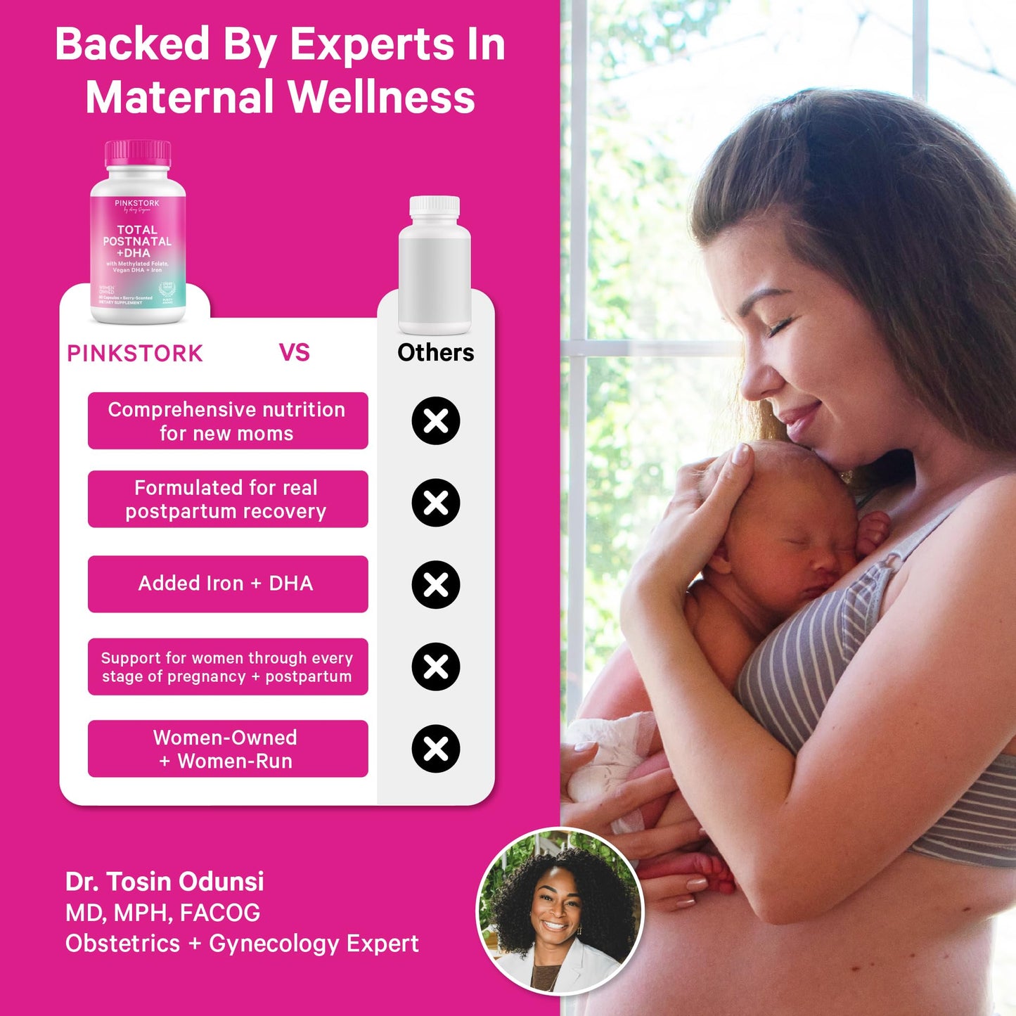 Pink Stork Total Postnatal Vitamins for Women with Vegan DHA, Iron, Folate, and Vitamin B12 Capsules, 180 Count