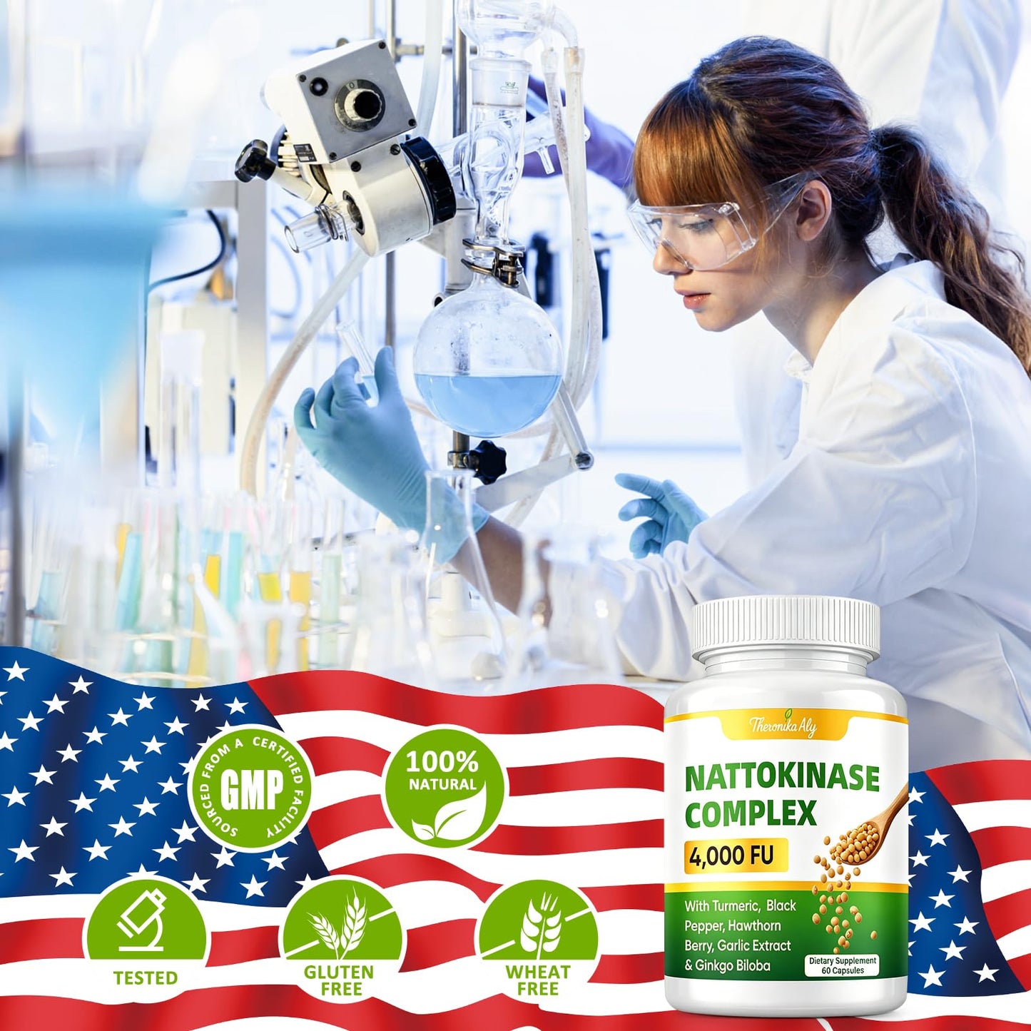 Theronika Aly Nattokinase Supplement 4000 FU with Turmeric & Black Pepper, Garlic, Ginkgo Biloba & Hawthorn Berry, Herbal Circulation Formula, High Potency Nattokinase, Non-GMO, 60 Capsules