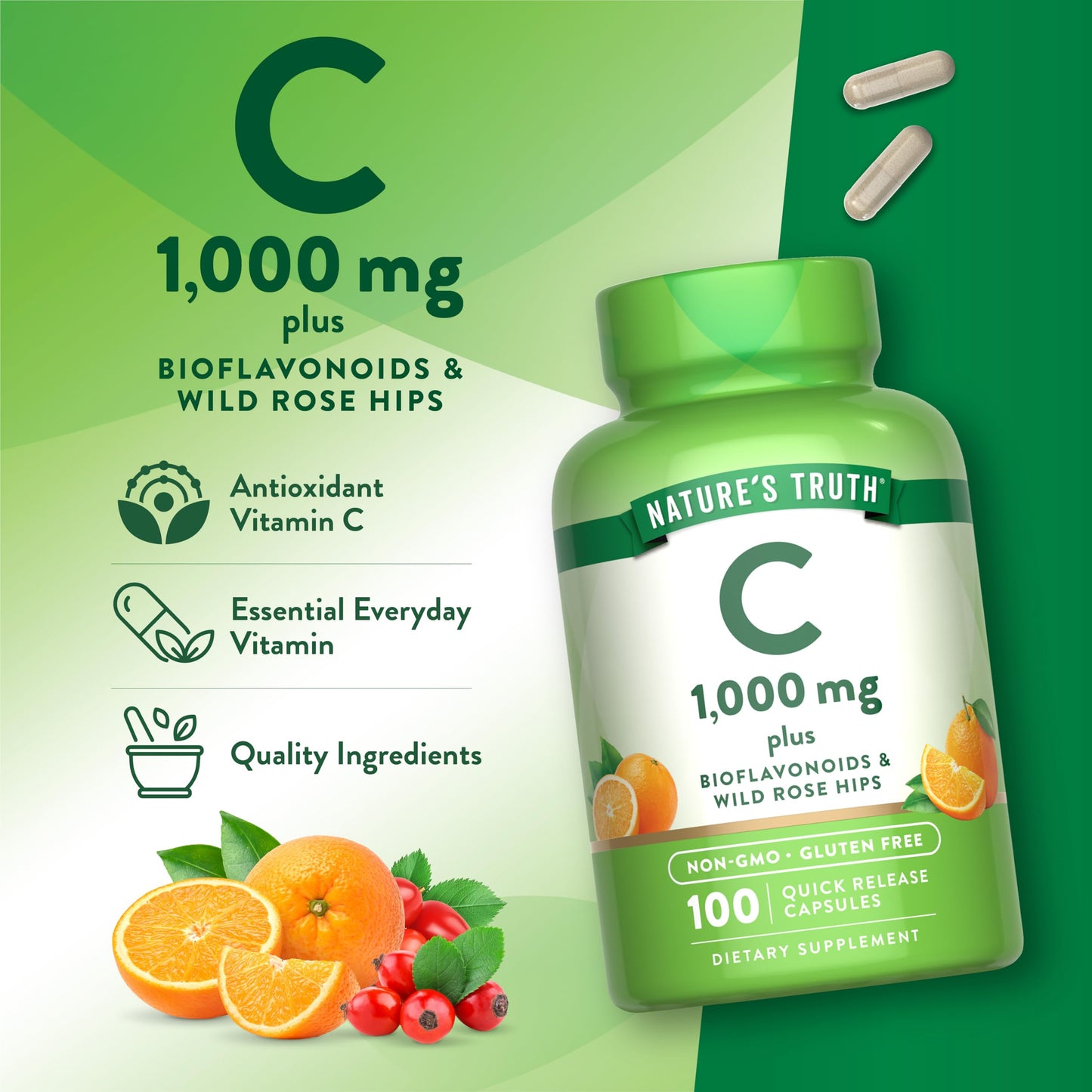 Nature's Truth Vitamin C 1000mg with Wild Rose Hips & Bioflavonoids Capsule, 100 Count