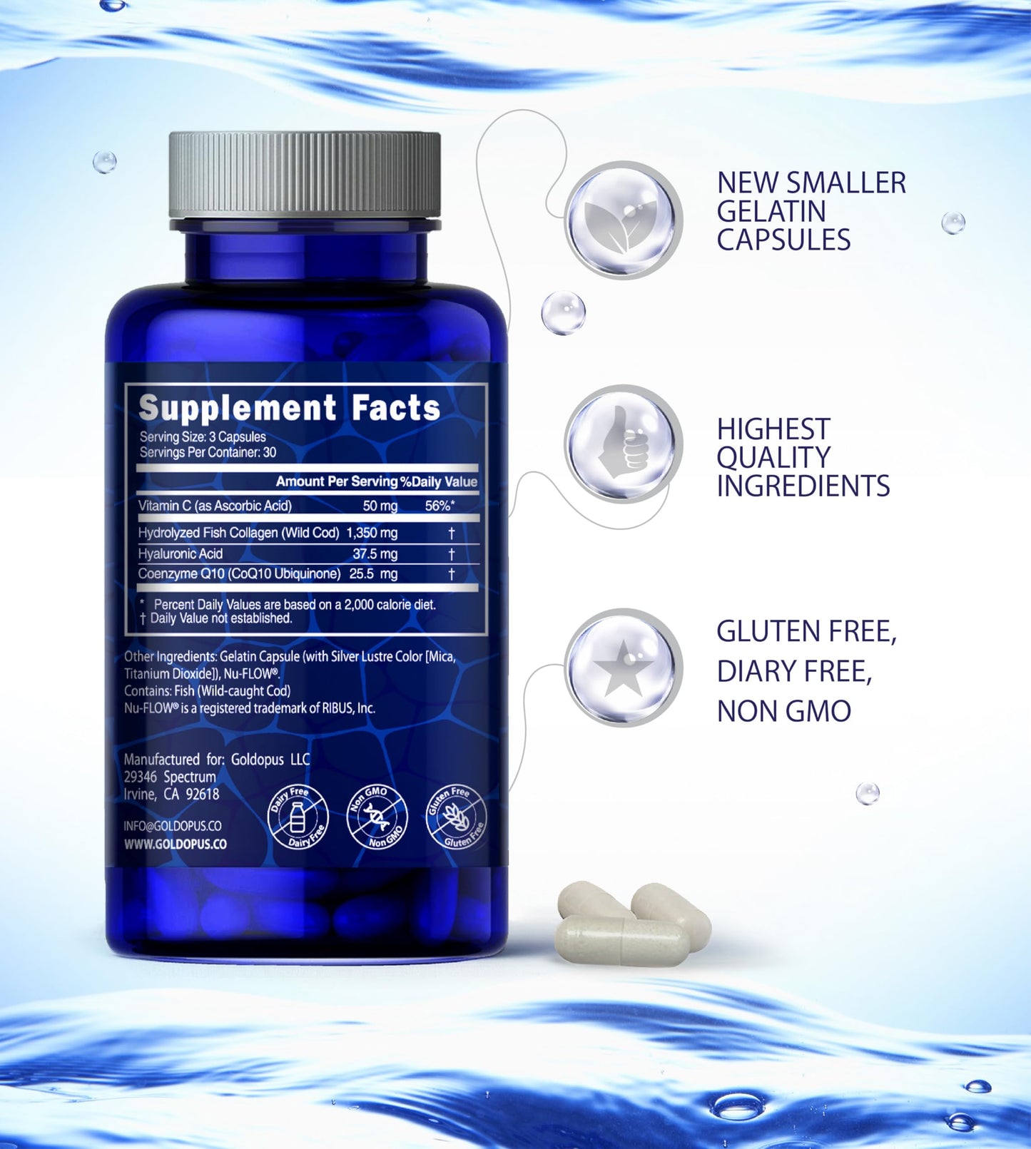 GOLDOPUS Marine Collagen Peptides Capsules with Hyaluronic Acid, Coenzyme Q10, Vitamin C, 90 Capsules