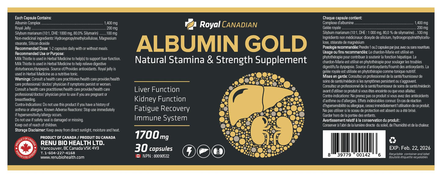 Royal Canadian Albumin Gold 1700mg 30 Capsules
