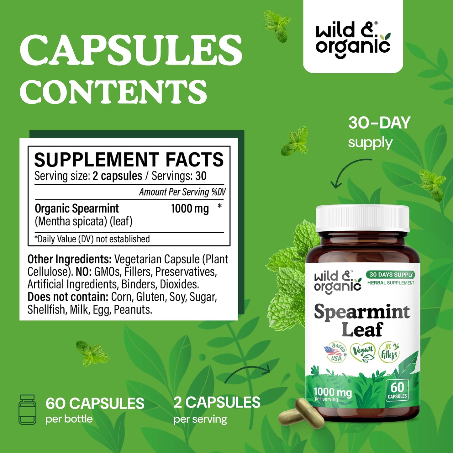 Wild & Organic Spearmint Capsules Digestive & Women's Support 60 Count