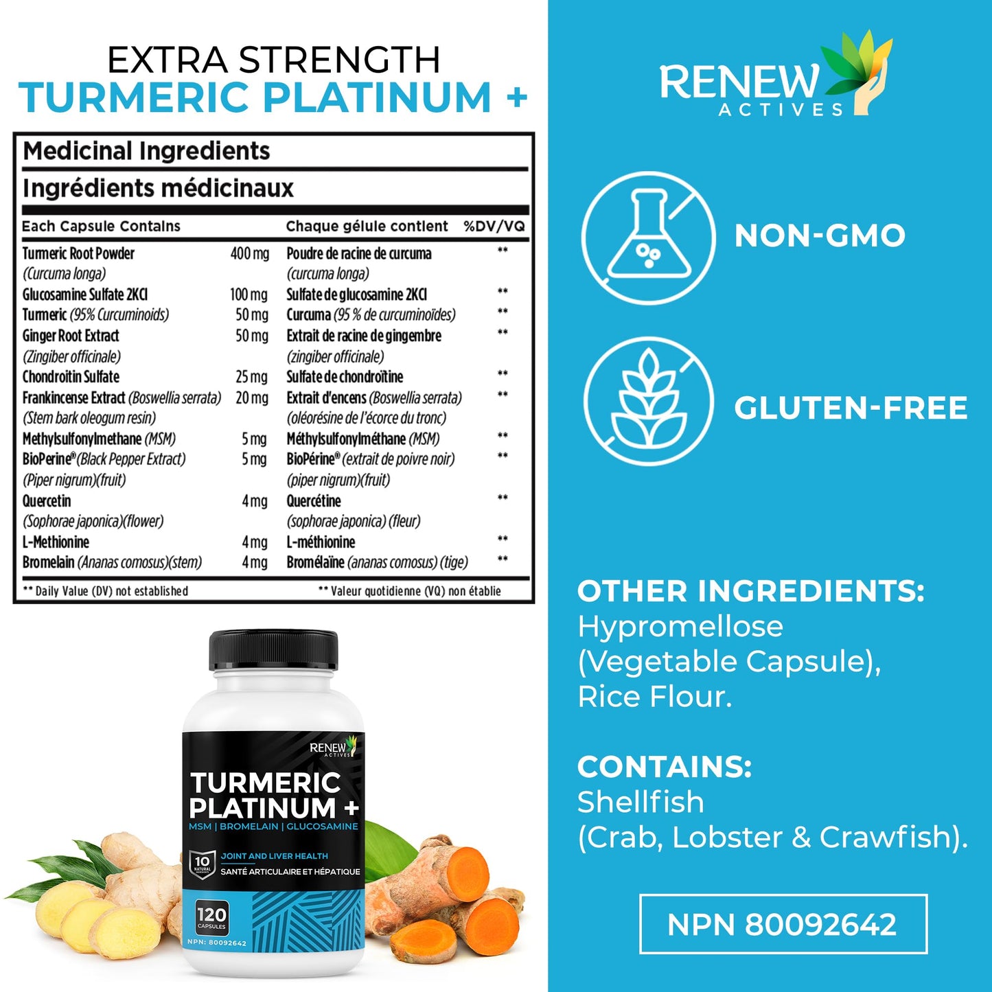 Renew Actives Turmeric Platinum 1350MG per 3 Capsules with Black Pepper & Ginger, 120 Capsules