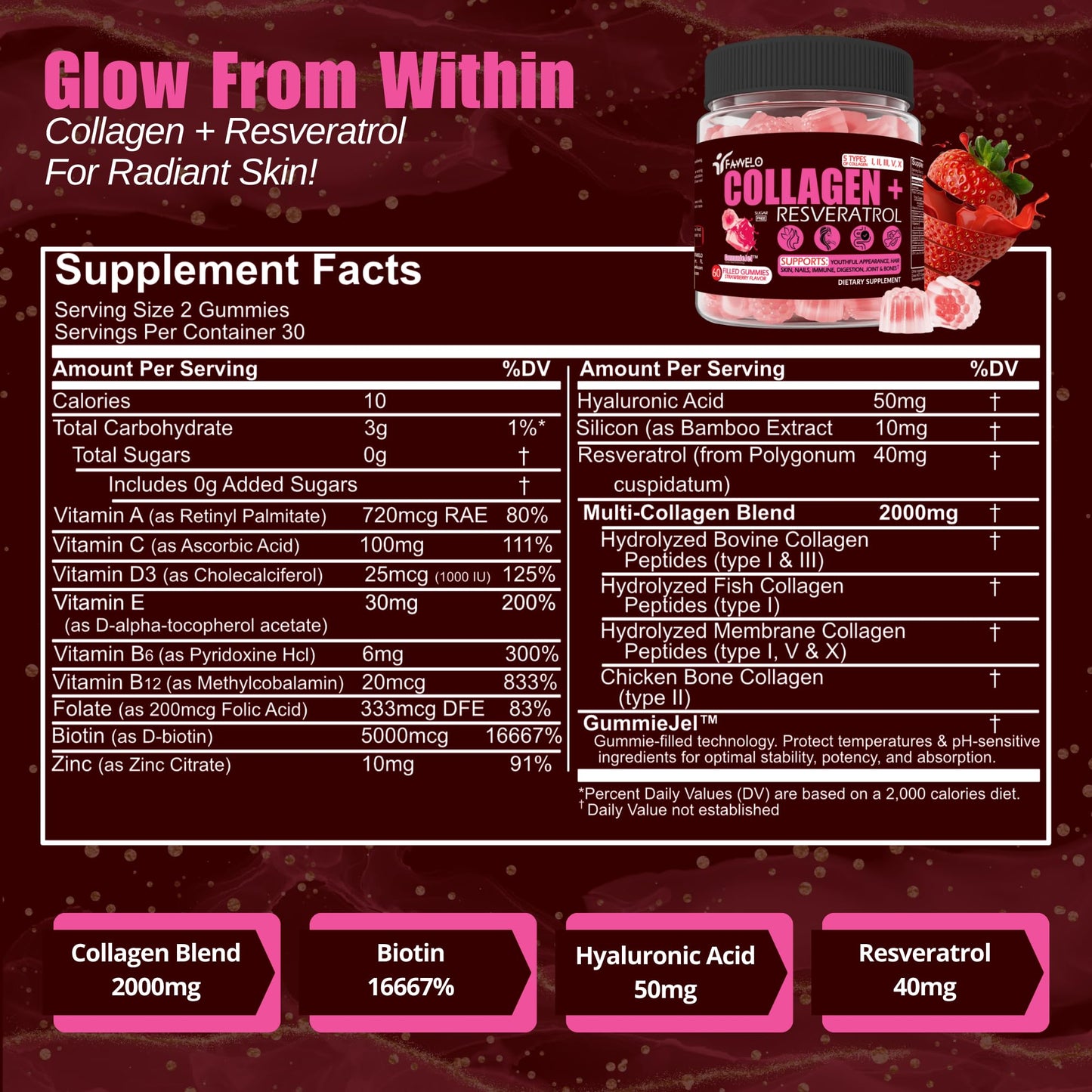 Fawelo Multi Collagen Gummies Hydrolyzed Type I, II, III, V, X plus Resveratrol 60 Count