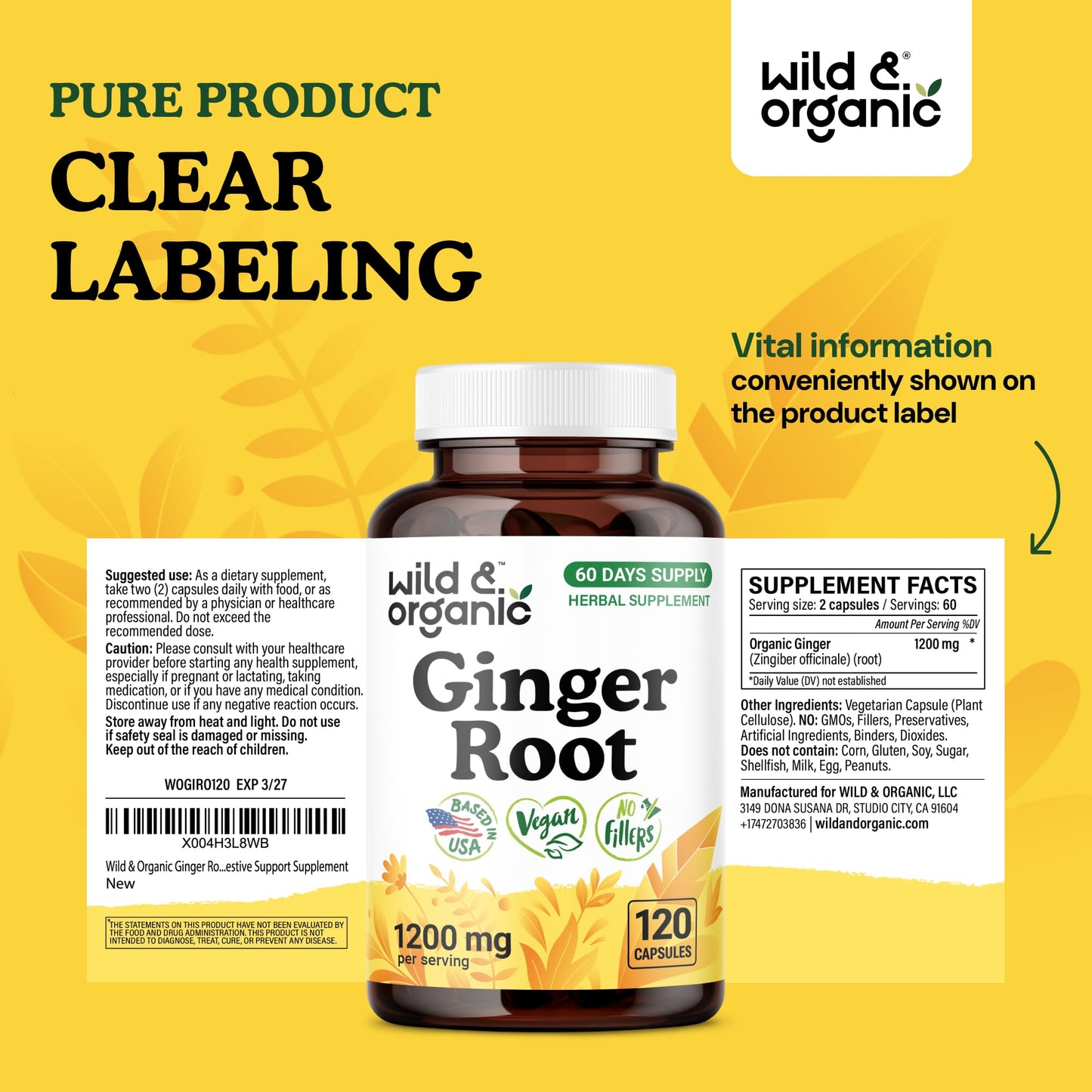 Wild & Organic Ginger Root Capsules 1200 mg - Immune & Digestive Support - Ginger Root Supplement - Zingiber Officinale Powder - 60 Days of Supply - Vegan, No Fillers, Non-GMO - 120 Count