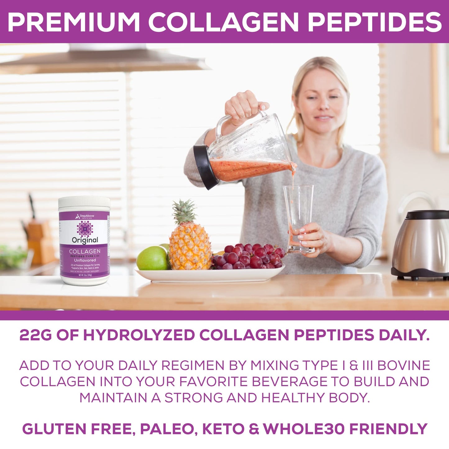 Step Above Proteins Original Collagen Peptides Powder, Hydrolyzed Type I-III, 12 oz