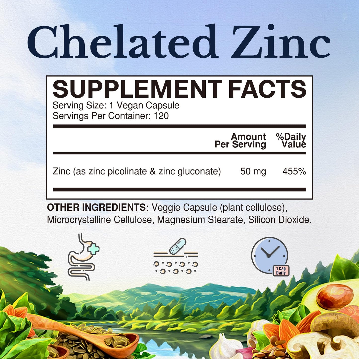Vitalitown Chelated Zinc 50 mg, Zinc Picolinate & Gluconate Capsule, 120 Capsules