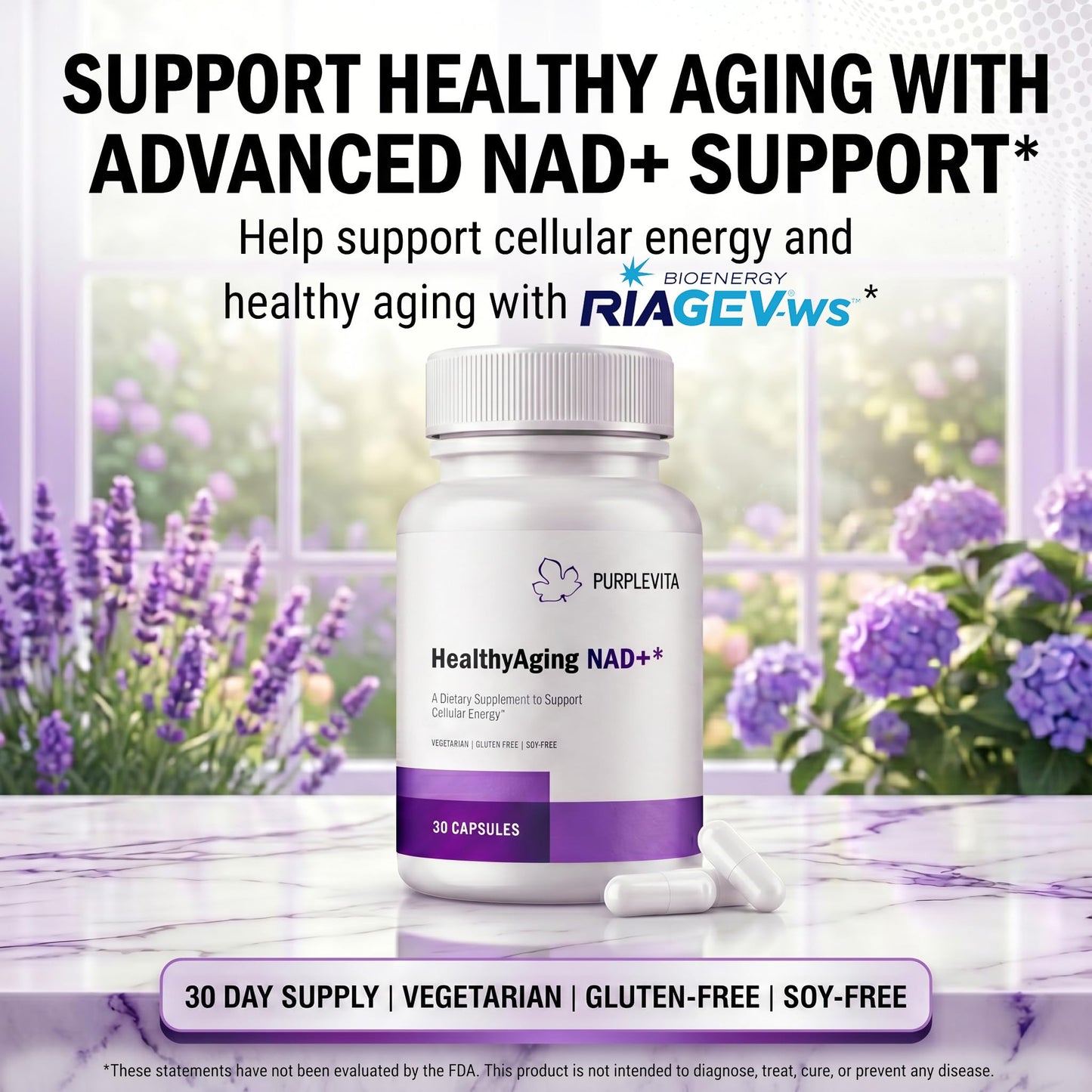 PURPLEVITA NAD + Plus Supplement Healthy Aging with RiaGev-WS, Vitamin C & Niacin, Cellular Energy, Metabolism and Stress Support, 30 Capsules