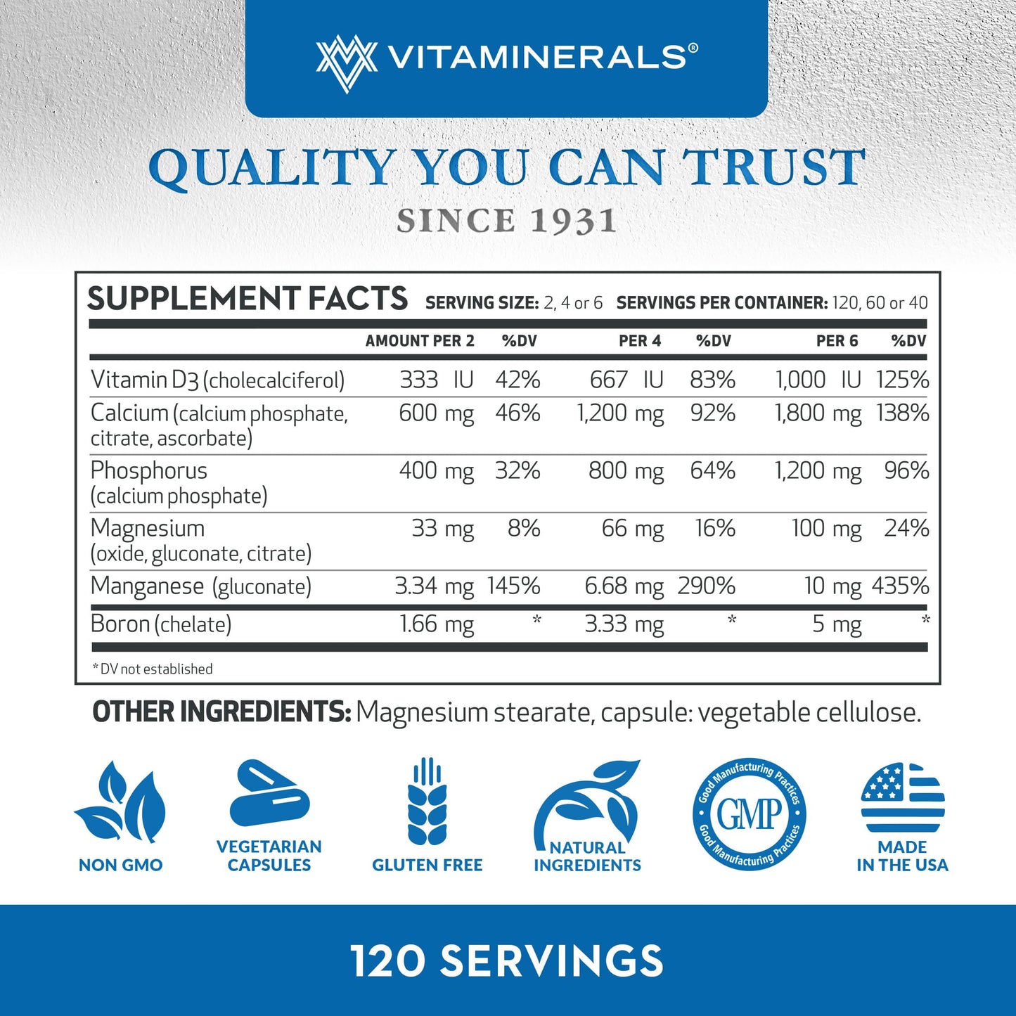 Vitaminerals 95 Primacal® Bone Support Maximum Potency Calcium, Magnesium for Bone Loss Capsules 120