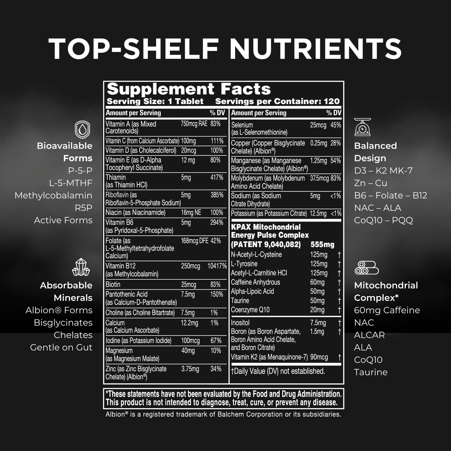 KPAX Energy One-a-Day High Potency Mitochondrial Nutrients + Immune Boosting Multivitamin Tablet, 120 Tablets