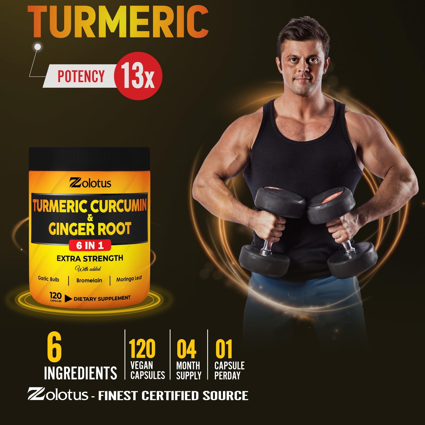 Zolotus 6 in 1 Turmeric Curcumin + Ginger Capsules, 120 Count