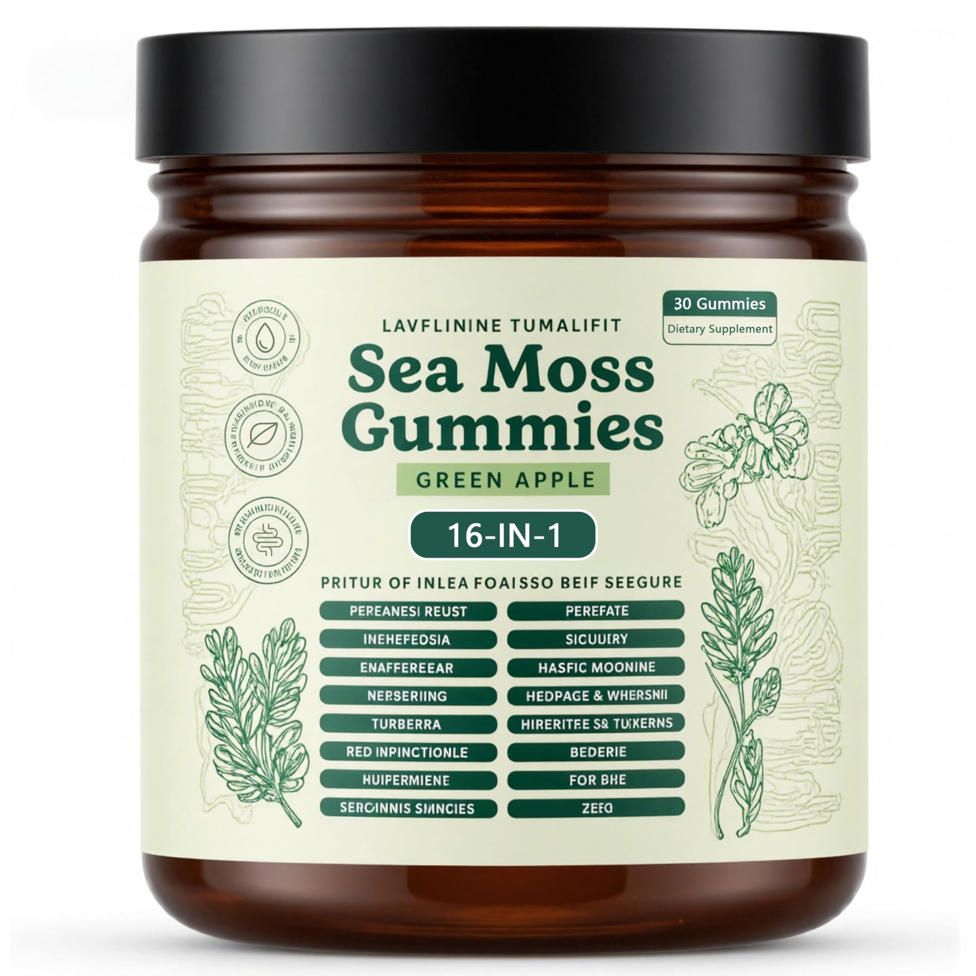 Vaairinyi Sea Moss Gummies 16-in-1 with Ashwagandha, Black Seed Oil, Bladder Wrack, Turmeric, Vitamin C, Apple Cider Vinegar, Non-GMO, 30 Count