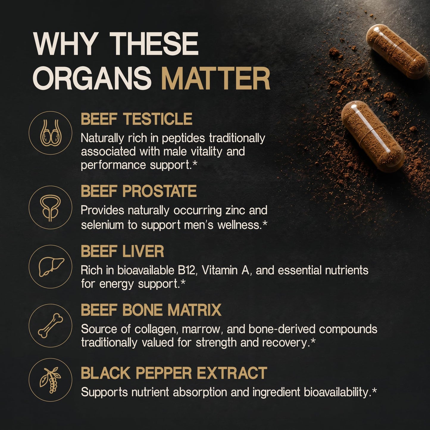 Primal Science Beef Organ Supplement for Men 100% Grass Fed Beef Testicle, Prostate, Liver & Bone Matrix High Absorption with Black Pepper Non-GMO, Hormone Free, Made in USA 90 Capsules