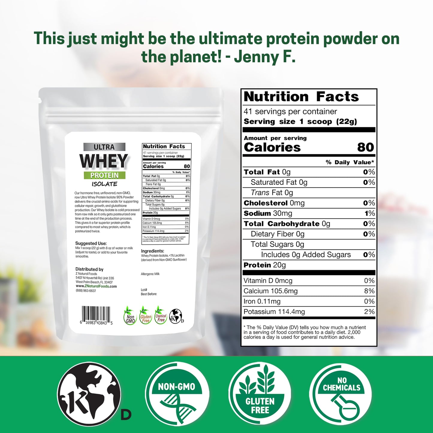 Z Natural Foods Ultra Whey Protein Isolate Powder, Unflavored, Unsweetened, 32 Servings