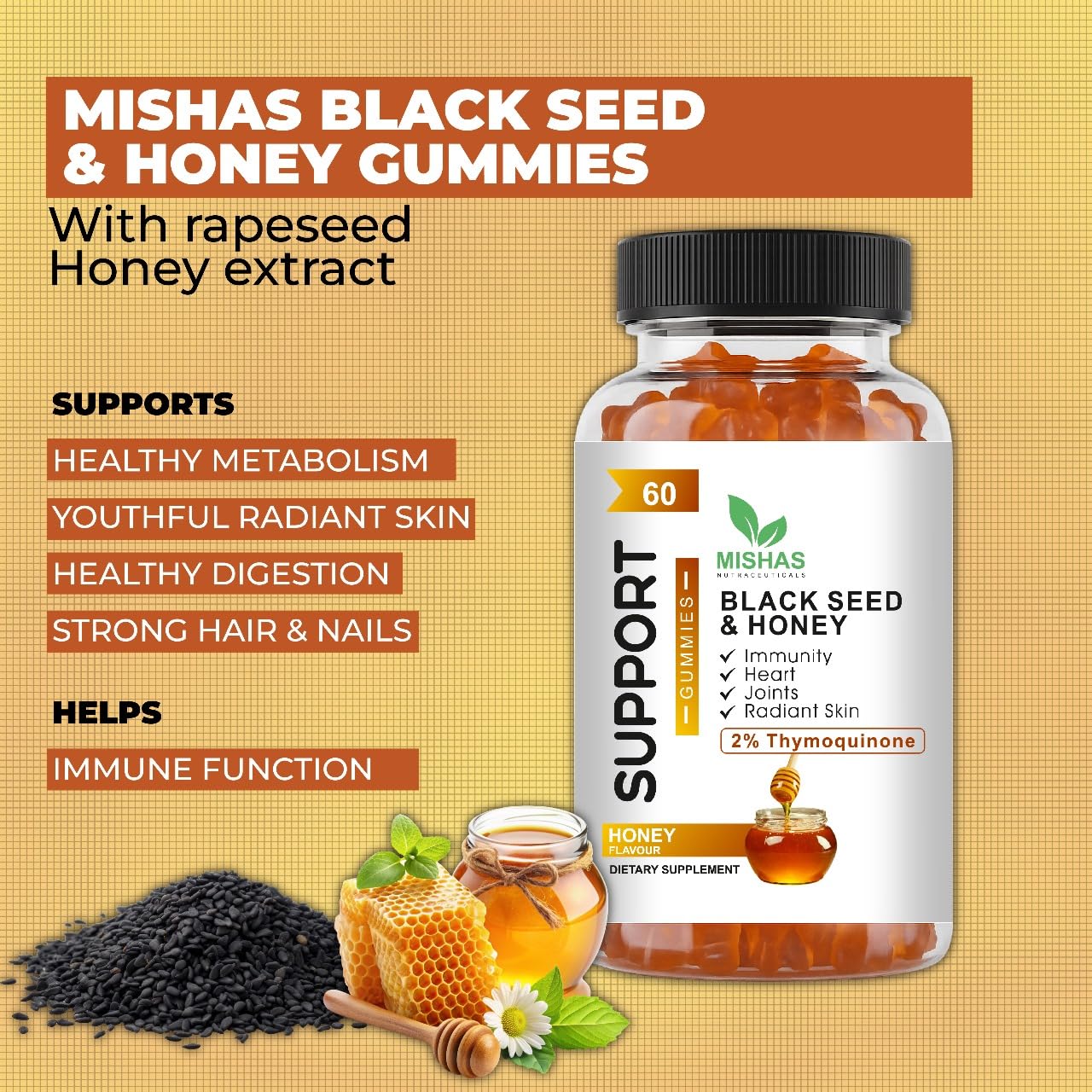 Mishas Black Seed Oil and Honey Gummies, 2% Thymoquinone, Immune Support, Joint Health, 60 Gummies
