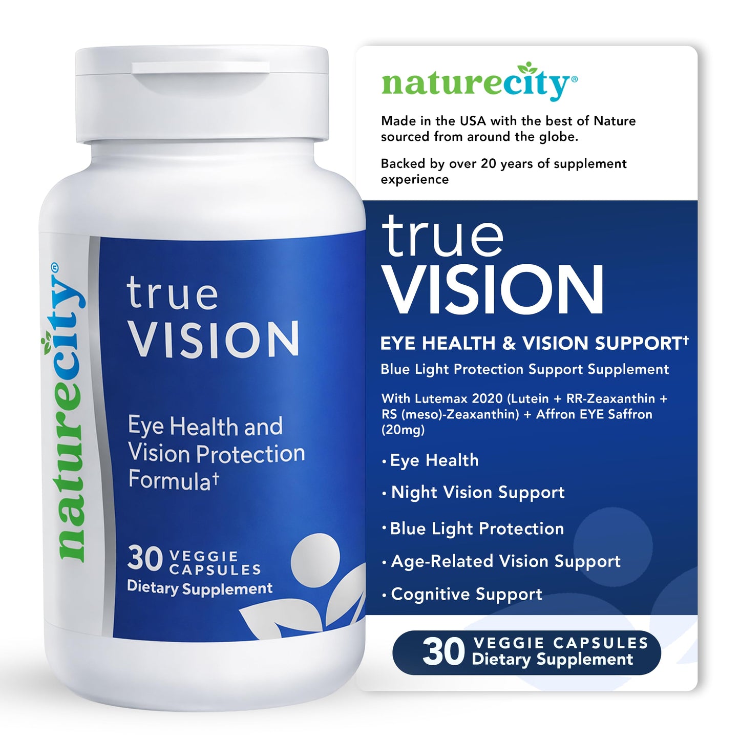 NatureCity True-Vision Eye Health Supplement - Plant-Based Lutein and Zeaxanthin with High Potency Saffron 20mg - Blue Light Protection, Support Central and Night Vision, 30 Capsules