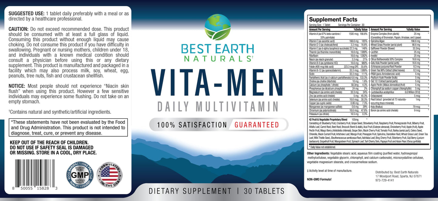 Best Earth Naturals Vita-Men Daily Multivitamin and Mineral Formula for Wellness and Vitality Support 30 Tablets