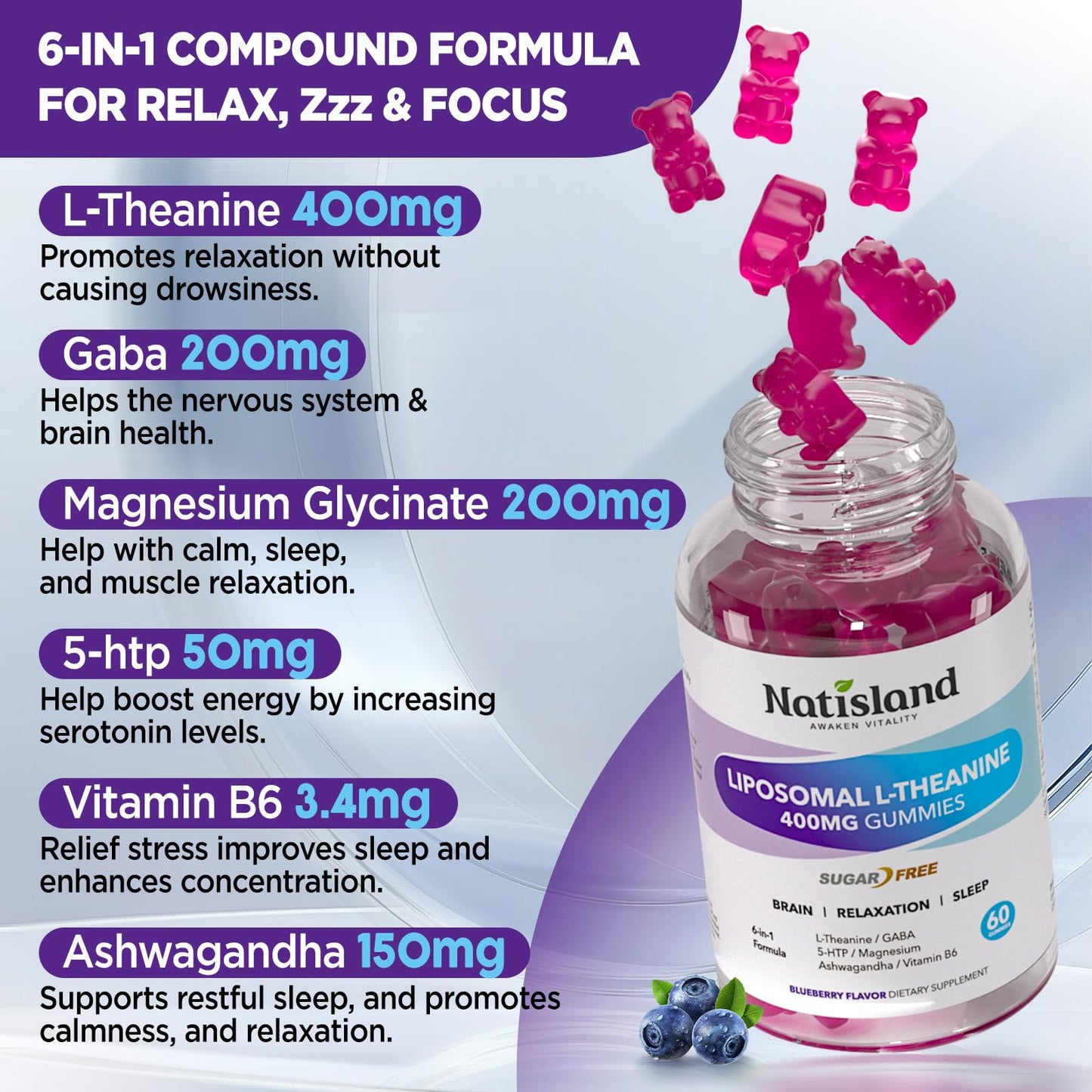 NATISLAND L-Theanine Gummies 60 Gummies