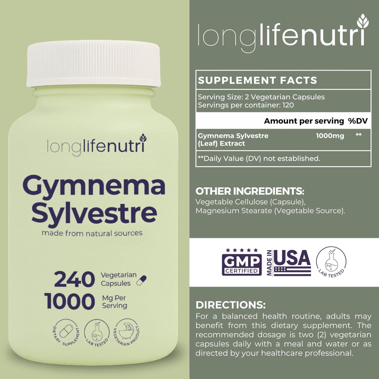 LongLifeNutri Gymnema Sylvestre 1000mg Organic 20:1 Leaf Extract Capsule 240 Count