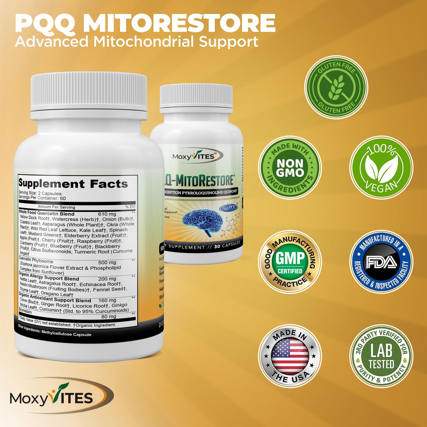 MoxyVites PQQ MITORESTORE Brain Supplements for Memory and Focus, Capsules, 30 Count