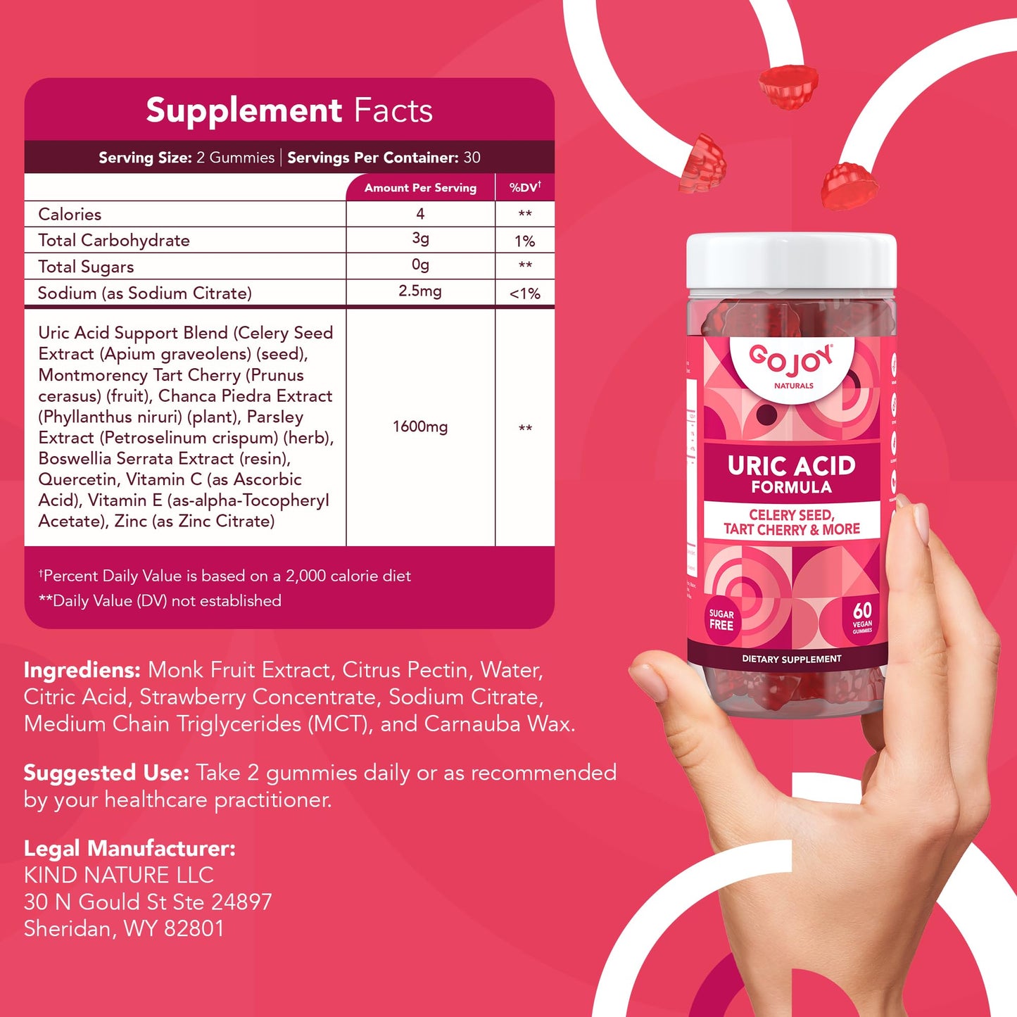 GOJOY NATURALS Uric Acid Support Formula for Adults - Tart Cherry Gummies with Celery Seed Extract, 60 count