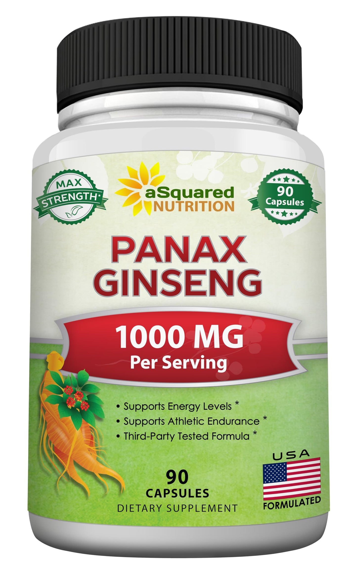 aSquared Nutrition Natural Korean Panax Ginseng 1000mg Max Strength Capsules 90 Count