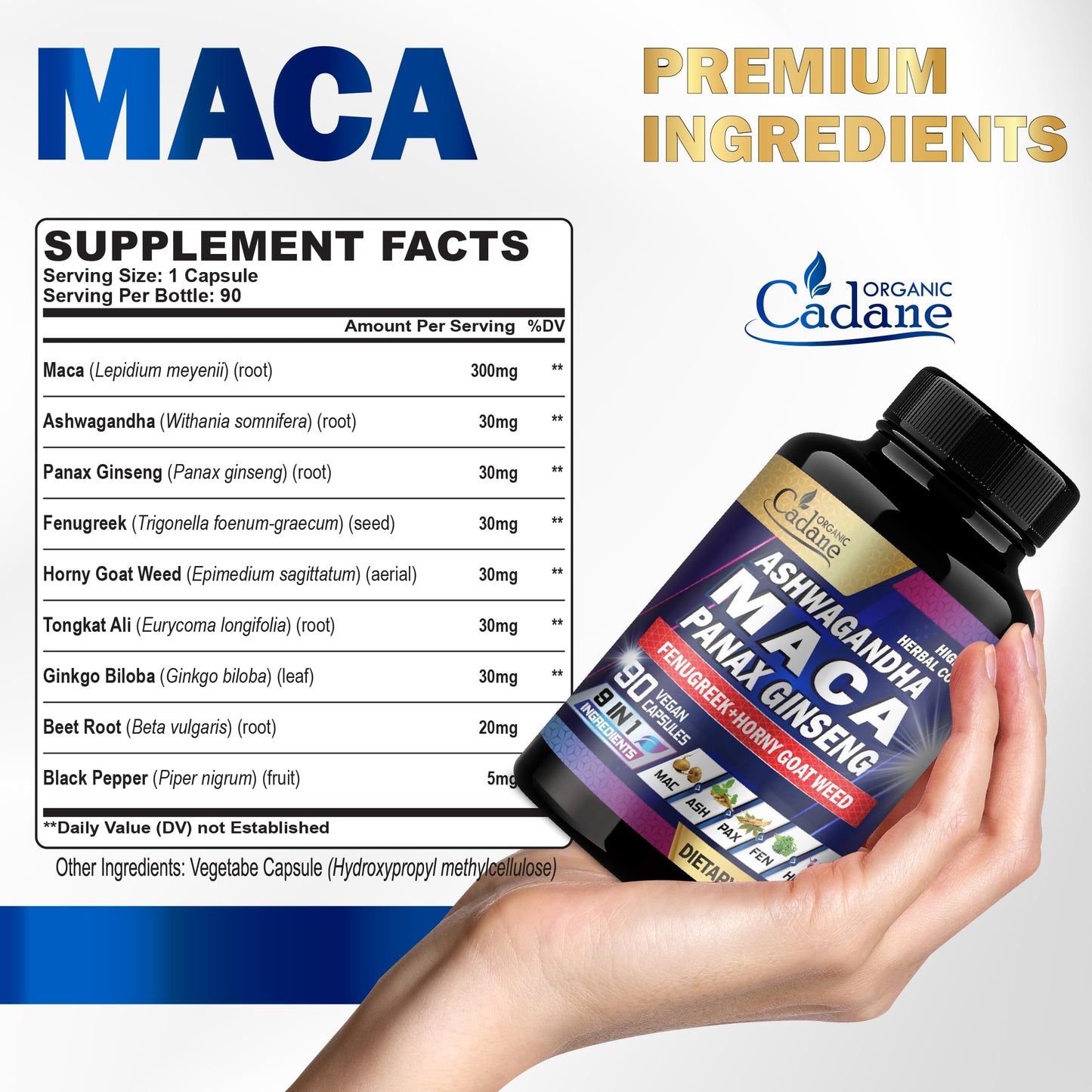 Organic Cadane Maca Root, Ashwagandha, Panax Ginseng Supplement Capsules, 90 Count