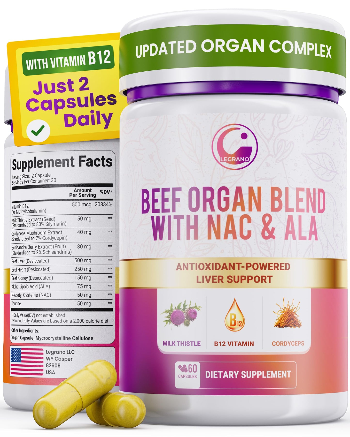 LEGRANO Grass Fed Beef Liver Capsules with Beef Heart, Kidney, NAC, ALA & Milk Thistle – Desiccated Organ Supplement, 60 Capsules