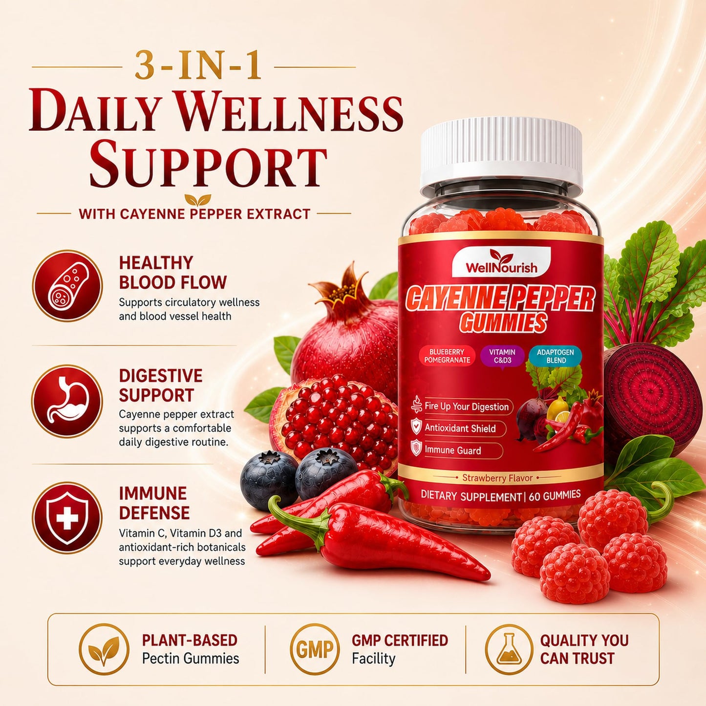 Wellnourish Cayenne Pepper Gummies with Vitamin C and D3, 120 Count