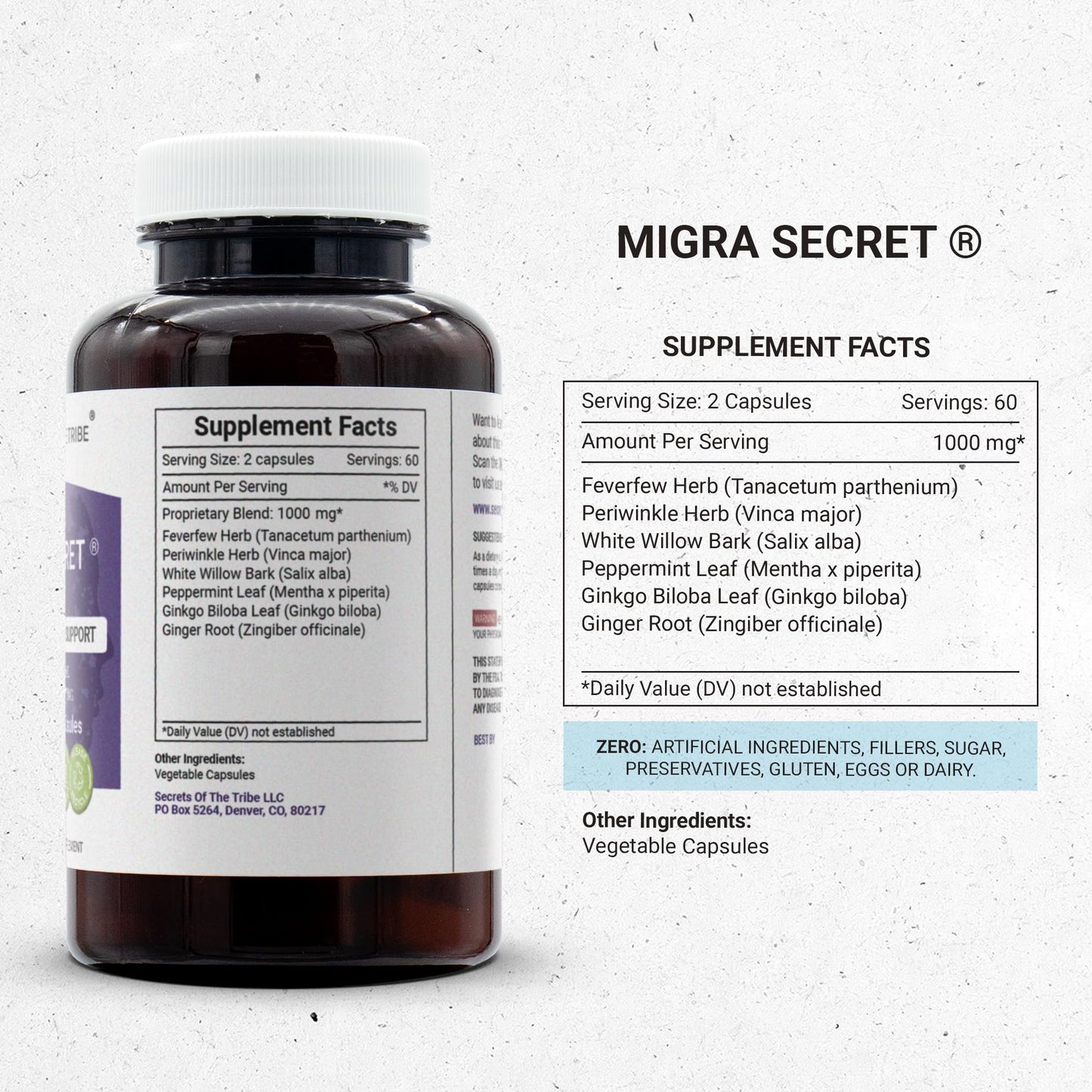 Secrets of the Tribe Migra Secret Headache/Migraine Support Herbal Supplement Blend Capsules 120 Count