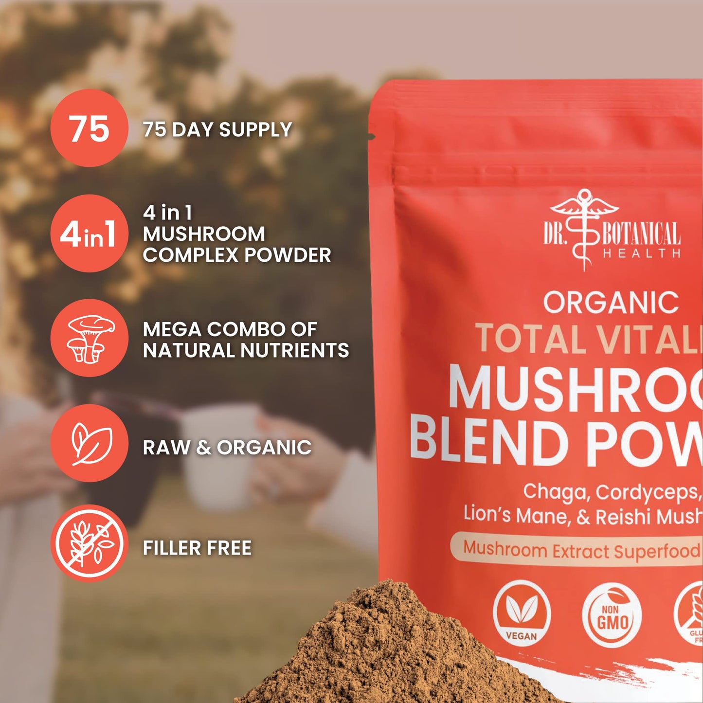 Dr. Botanical Health Organic Mushroom Blend - 4-in-1 Reishi, Lion’s Mane, Cordyceps and Chaga Mushroom Supplement Extract Complex for Immune Boost & Brain Support Powder, 8