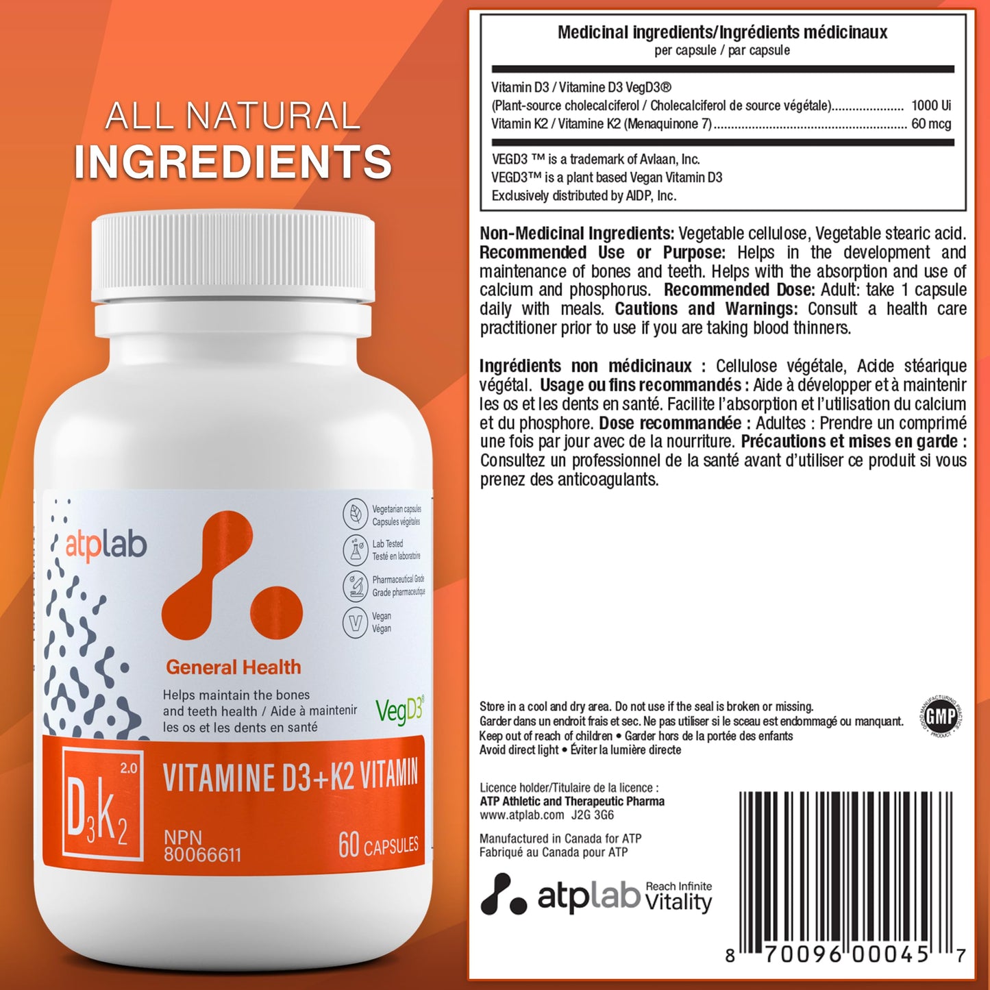 ATP LAB Vitamin D3 K2 60 Capsules