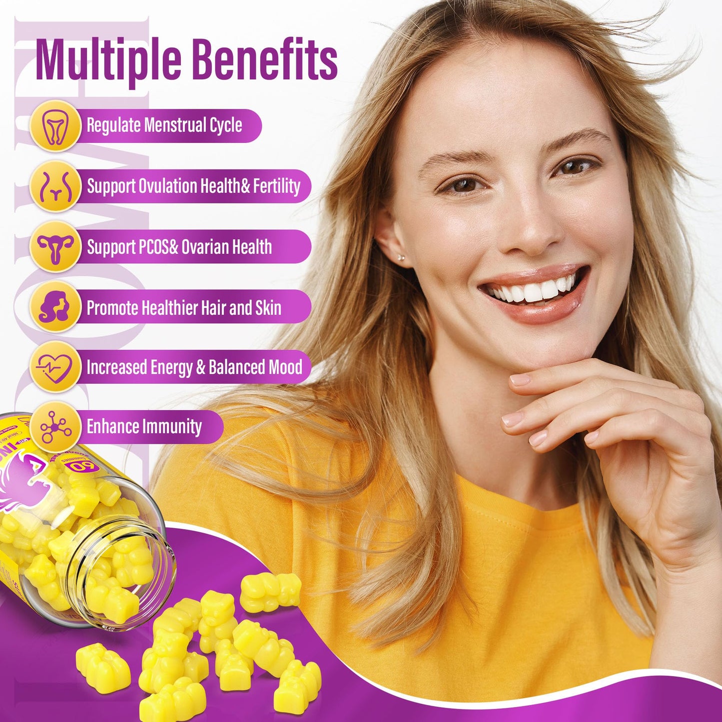 Lazpowfi Inositol Gummies - Myo-Inositol & D-Chiro Inositol, 40:1 Ratio, with Vitamin D3, Magnesium Glycinate, Omega-3, Folate & Zinc - 60 Gummies