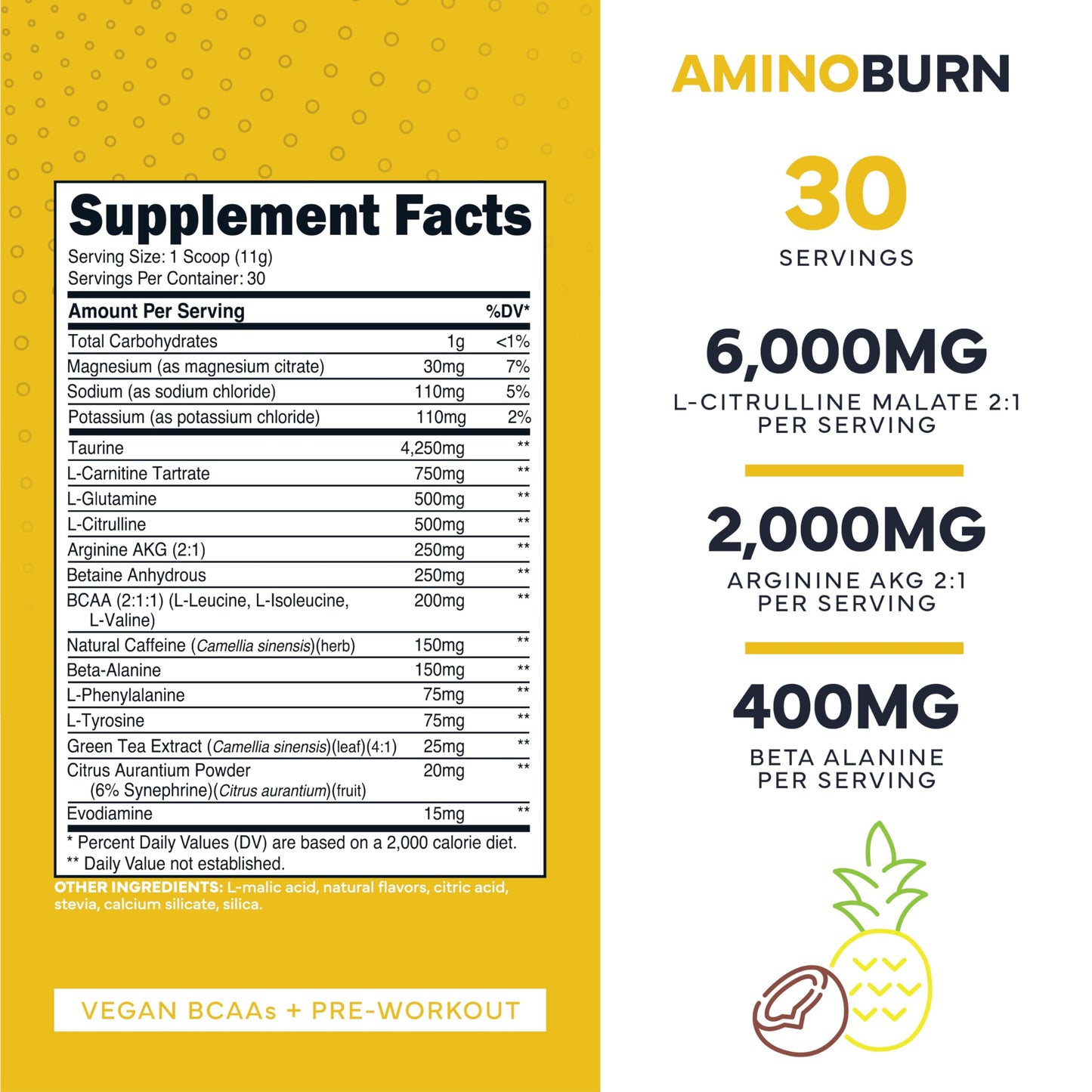 Type Zero Amino Burn Vegan BCAAs + Pre-Workout Pina Colada Flavored Powder 11.6 Ounce