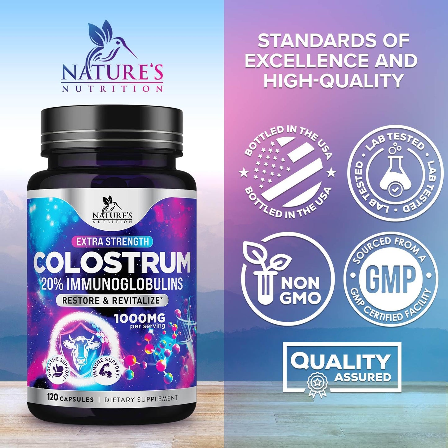 Nature's Nutrition Colostrum Supplement 1000mg Per Serving - Max Strength 20% Immunoglobulins for Gut & Immune Support Capsules, 120 Count