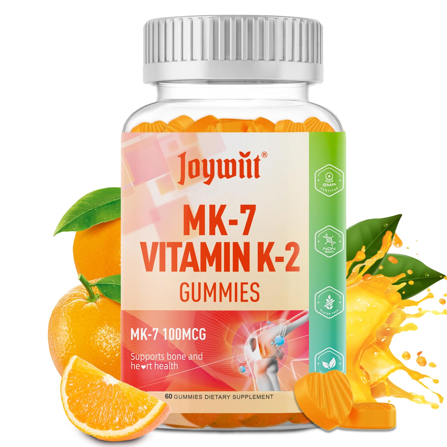 Joywiit Vitamin K2 MK-7 Gummies 100mcg, Extra Strength K2 Vitamin Supplement for Heart & Bone Support, Non-GMO, Vegan, 60 Gummies