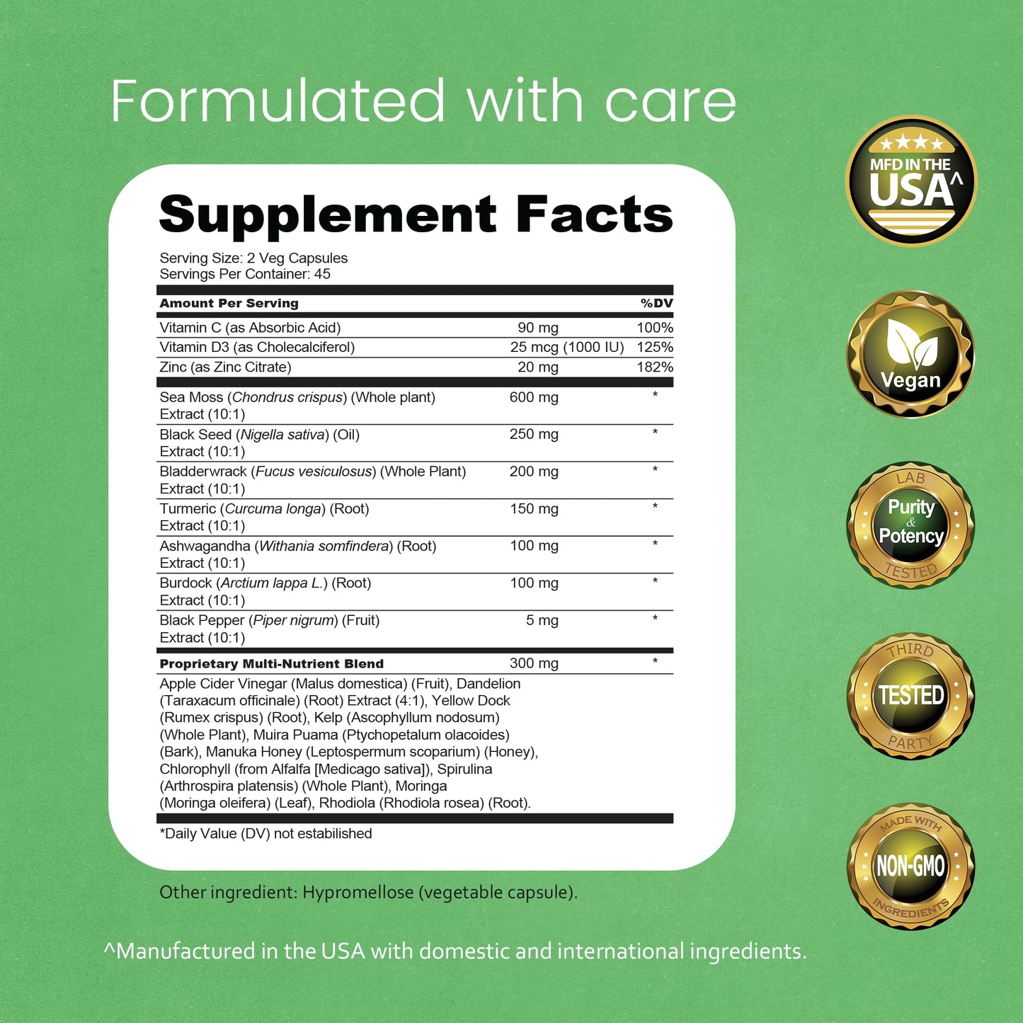 NaturaLife Labs Sea Moss & Black Seed Oil Complex with Bladderwrack, Turmeric, Ashwagandha, Burdock, Vitamin C & D3, Yellow Dock Root, Manuka, Dandelion, 90 Capsules