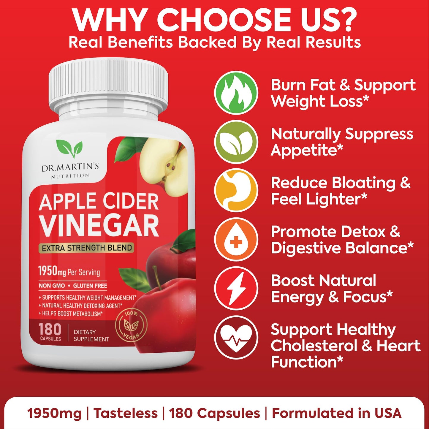 DR. MARTIN'S NUTRITION Pure 1950mg Apple Cider Vinegar Supplement Capsules 180