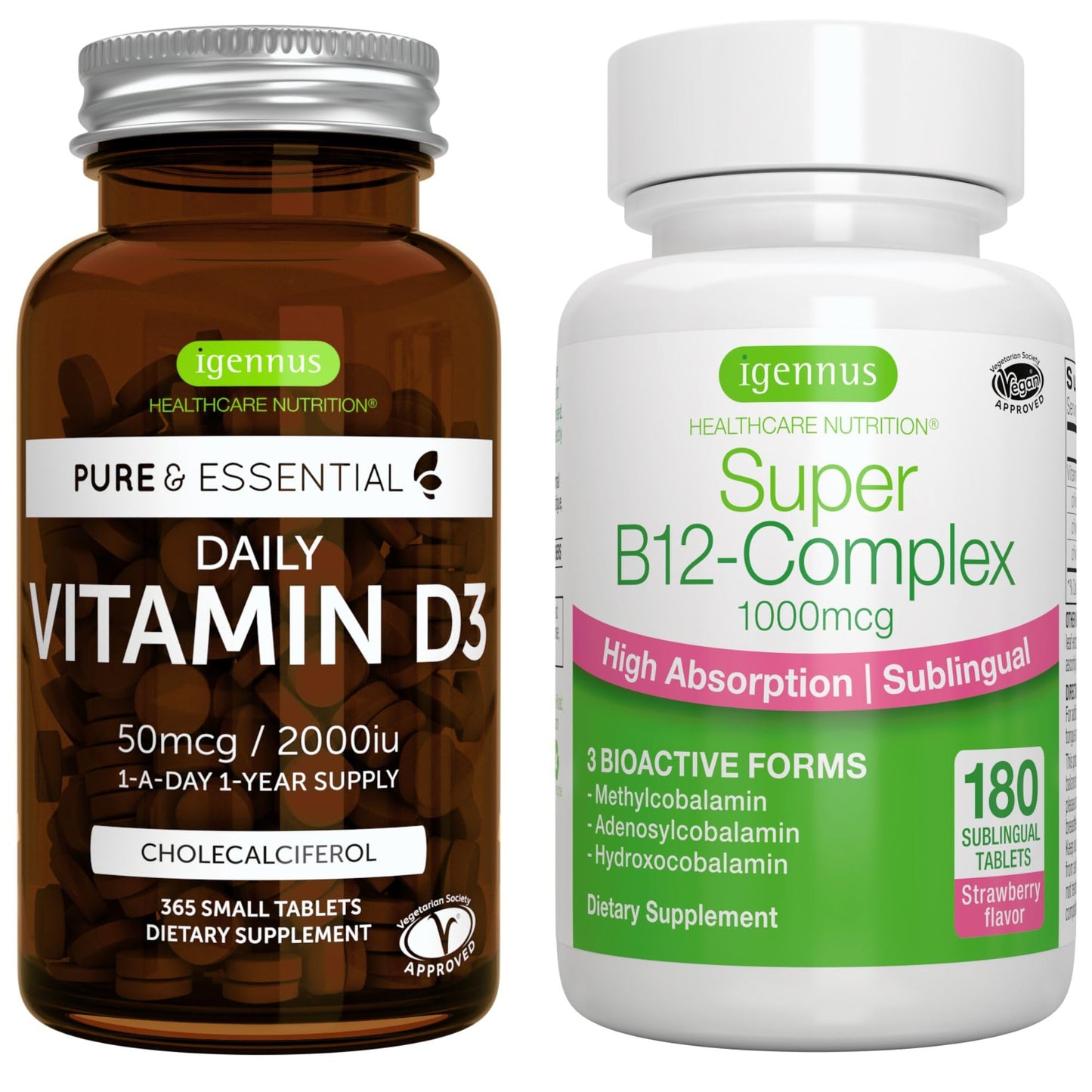 Igennus Healthcare Nutrition Vitamin D3 2000iu Tablets + High Absorption Sublingual B12, Daily Vitamin D3 + Super B12-Complex Bundle, 545