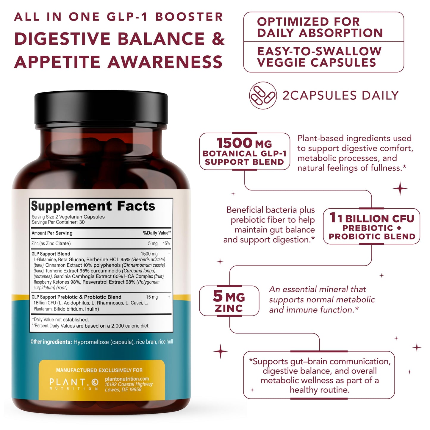 PLANT.O NUTRITION GLP-1 Supplement All in One Appetite Control Metabolic & Gut Support for Men and Women with Pre & Probiotics, Berberine, Cinnamon & Botanicals | 1 Billion CFU, 60 Veggie Capsules