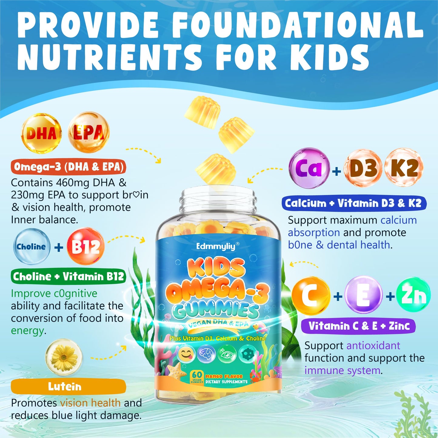 Edmmyliy Kids Omega-3 Gummies with Algae Omega-3, Choline, Lutein, Vitamin D3, B12, Calcium & Zinc – Gummy – 120 Count