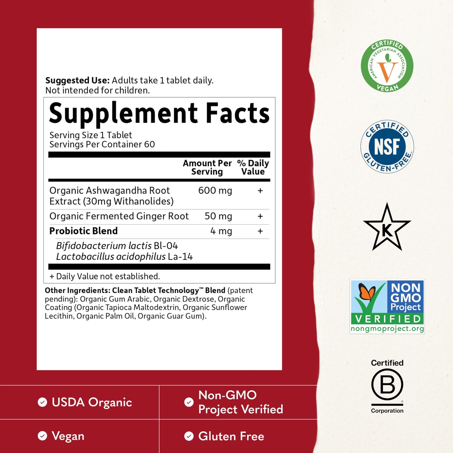 Garden of Life Organic Ashwagandha Supplement with Probiotics & Ginger Tablets 60 Tablets