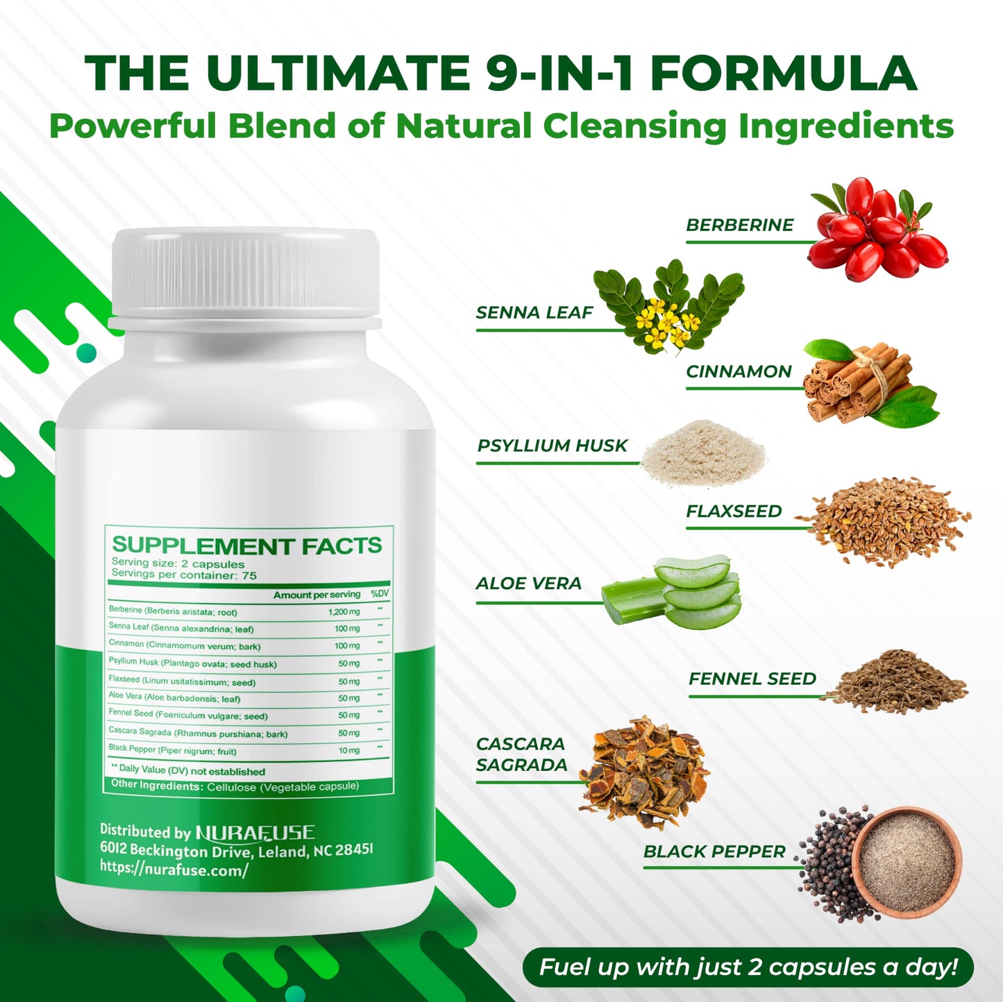 NURAFUSE 30-Day Gut Cleanse with Berberine and Senna, Cinnamon, Psyllium, Flaxseed, Aloe Vera – Supports Gut Health, Healthy Metabolism, 150 Capsules