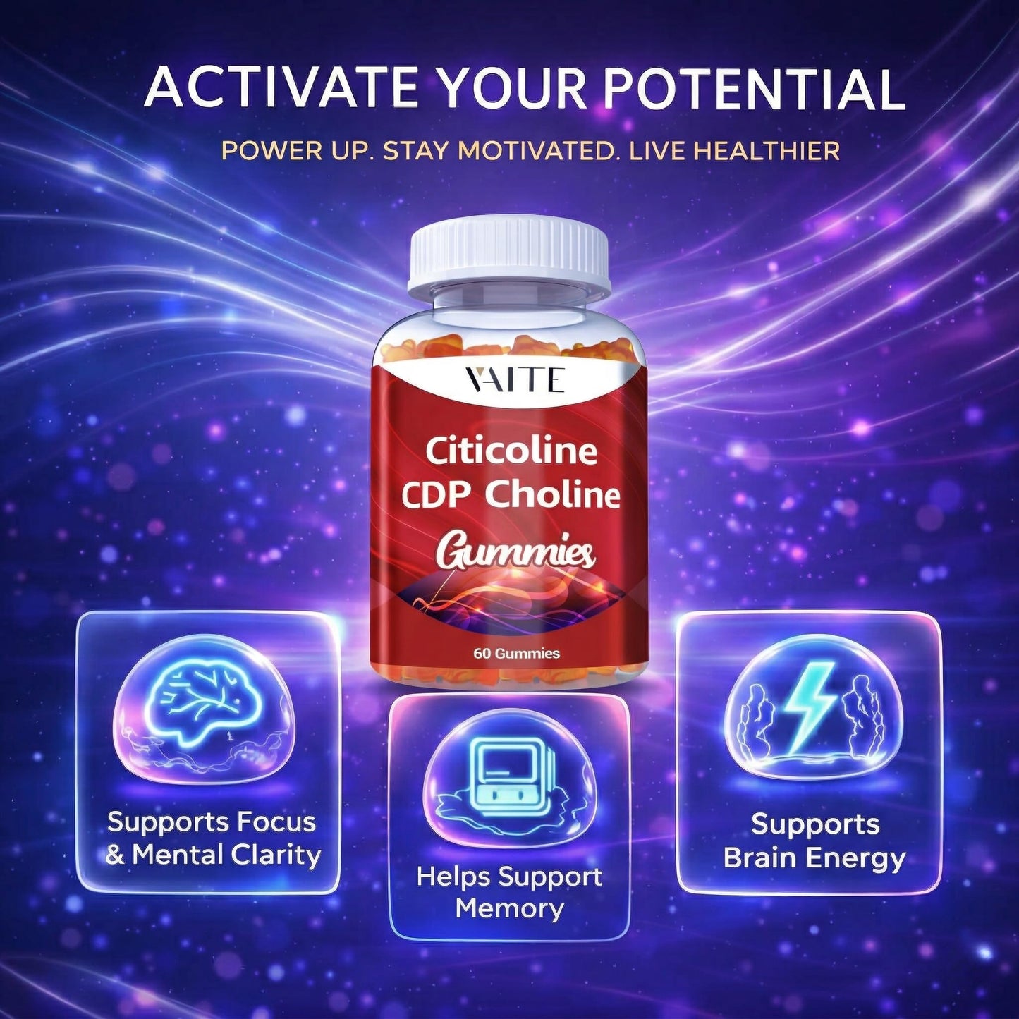 VAITE Citicoline 1000mg – CDP Choline for Brain Support, Memory, Focus & Mental Performance – 60 Gummies