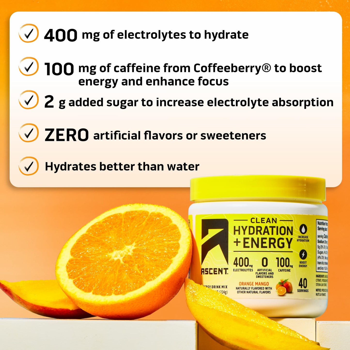 Ascent Clean Hydration + Energy Electrolytes Powder 7.9 Ounce